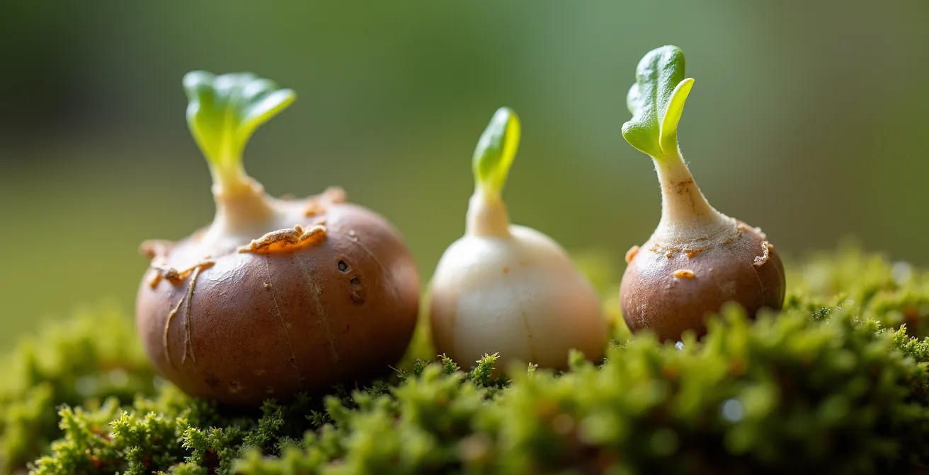 Close-up view of Alocasia corms at different sprouting stages in moist moss