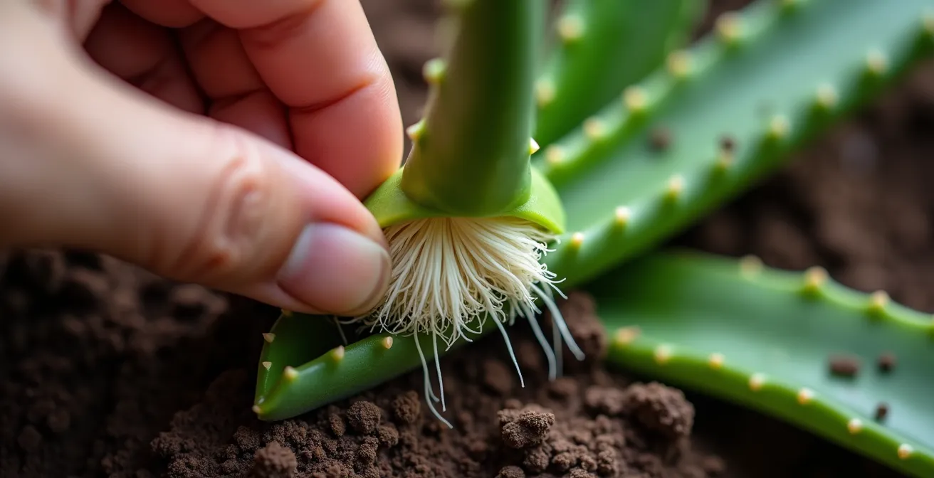 Extreme close-up of aloe vera pup being separated from mother plant showing intact root system
