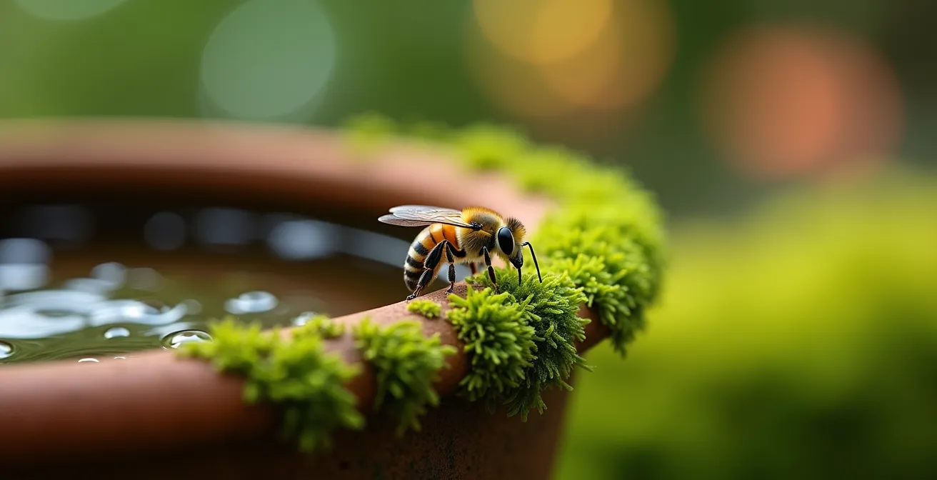 Close-up of bee drinking from moss-covered terracotta water station