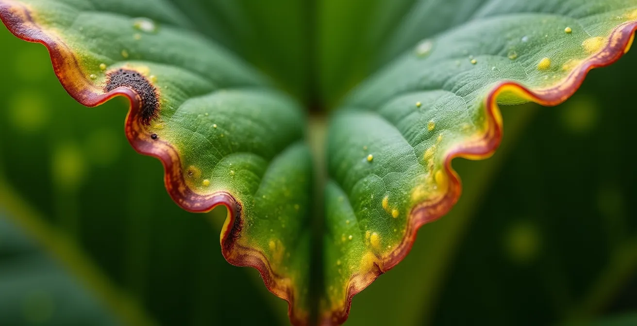 Close-up comparison of Calathea leaves showing water damage patterns versus healthy foliage