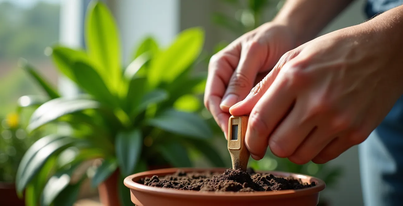 Hands demonstrating proper moisture meter use in Calathea pot soil