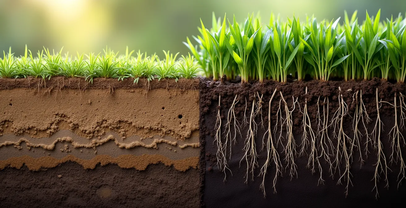 Cross-section view comparing the deep, extensive roots of meadow plants versus the shallow roots of lawn grass in different soil layers.
