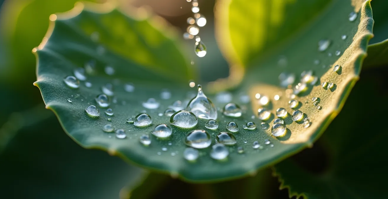 Close-up of salt crystals on plant leaves being rinsed with water