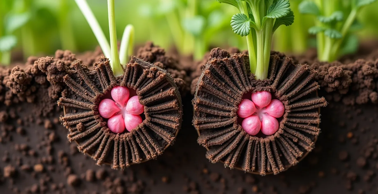 Macro view comparing root systems of rye and clover cover crops showing nitrogen nodules