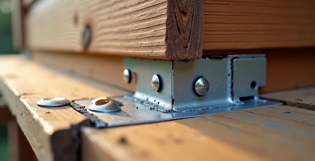 Close-up detail of proper deck ledger board installation showing flashing and fasteners