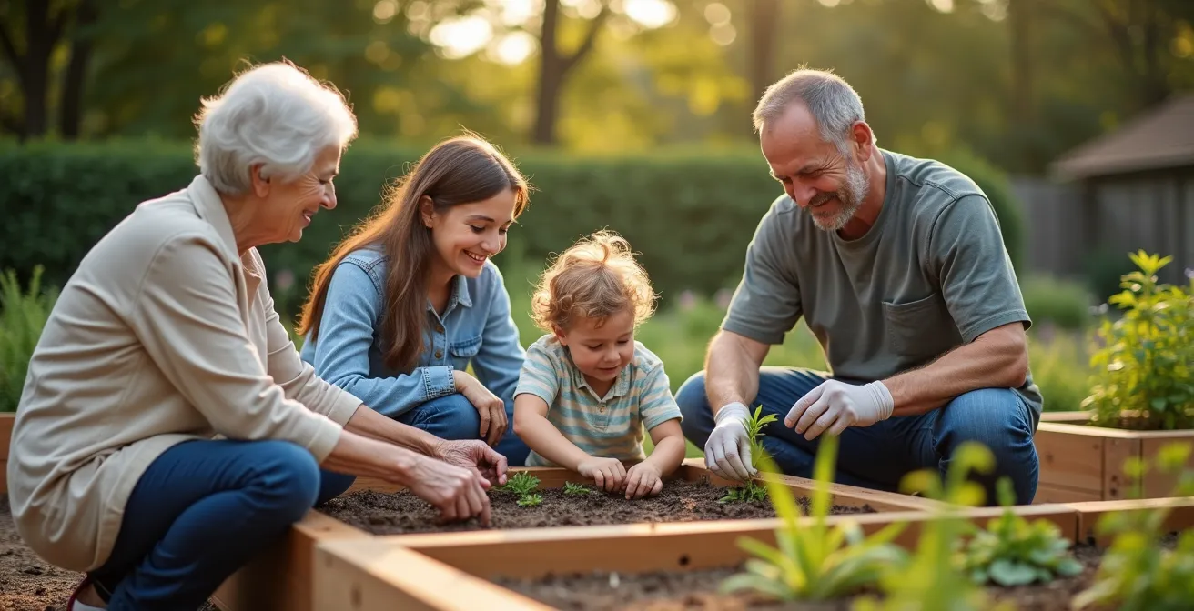 Multi-generational group of people working together in community garden with raised beds