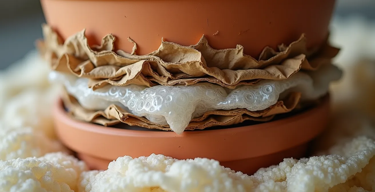 Cross-section view of homemade insulated container showing layered materials protecting a potted plant