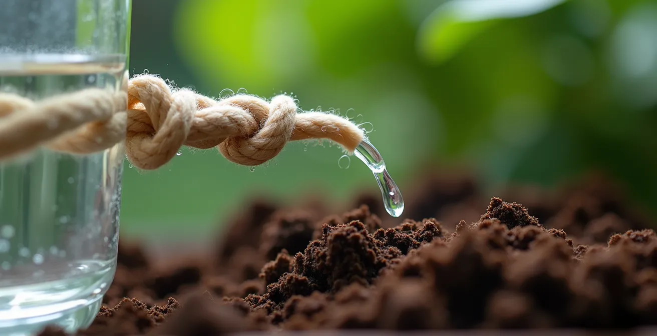 Close-up of DIY wick watering system with cotton rope connecting water reservoir to potted plant