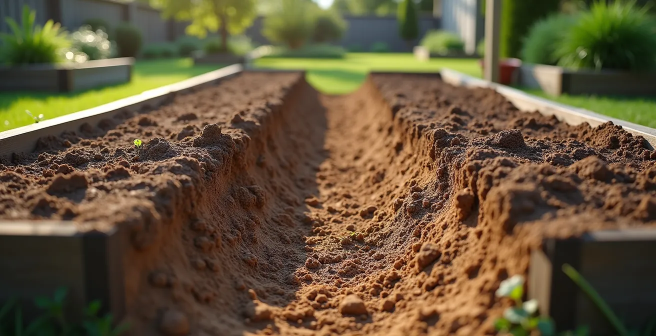 Side view of garden bed showing double-digging technique with visible soil layers and amended clay structure