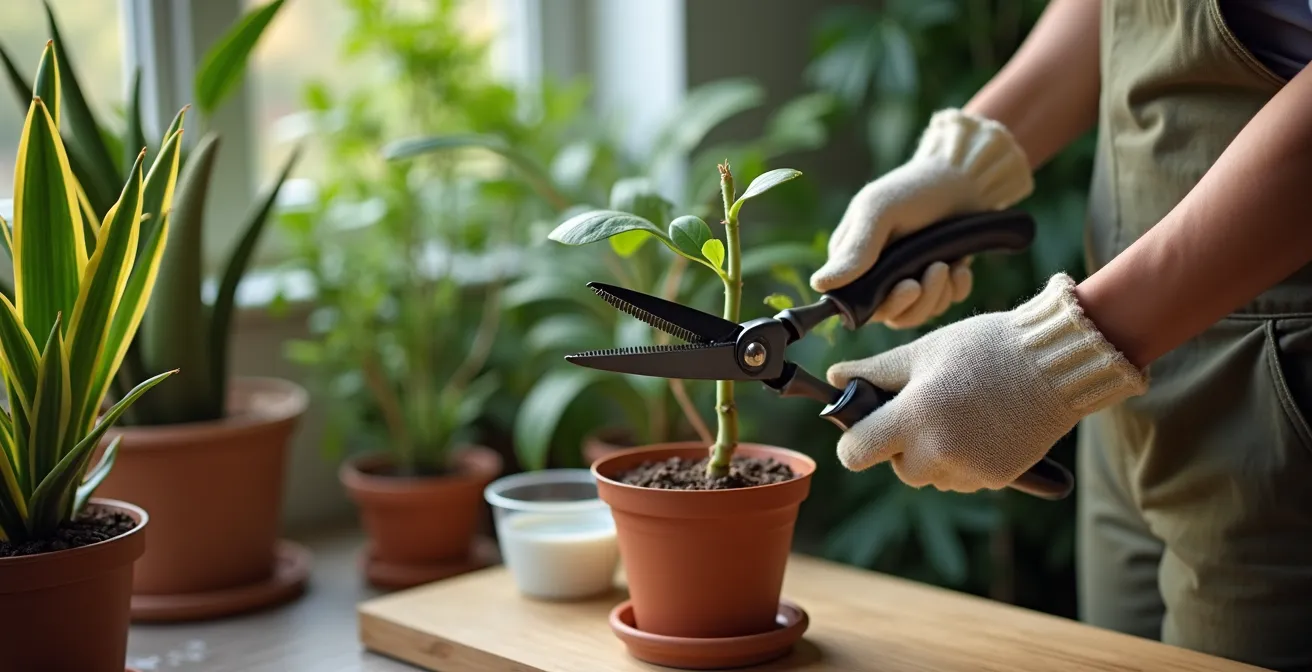 Dracaena stem showing fresh green shoots emerging after pruning