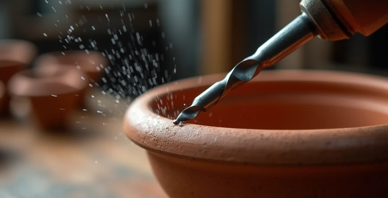 Close-up of diamond drill bit on ceramic planter surface