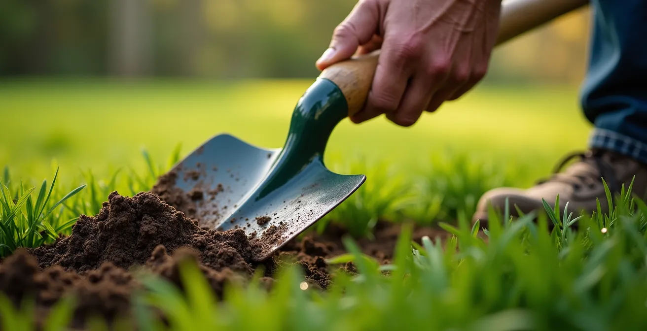 Close-up of hands using a traditional spade to create a perfect lawn edge against a flower bed.