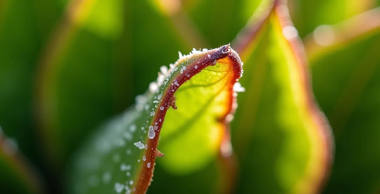 Plant leaves showing characteristic brown tips from fertilizer burn with salt crystal deposits