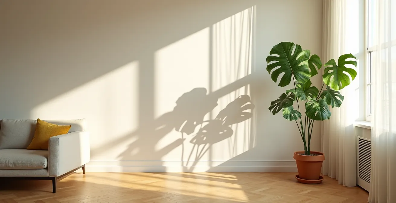 Wide angle view of living room showing ideal and problematic placement zones for fiddle leaf fig
