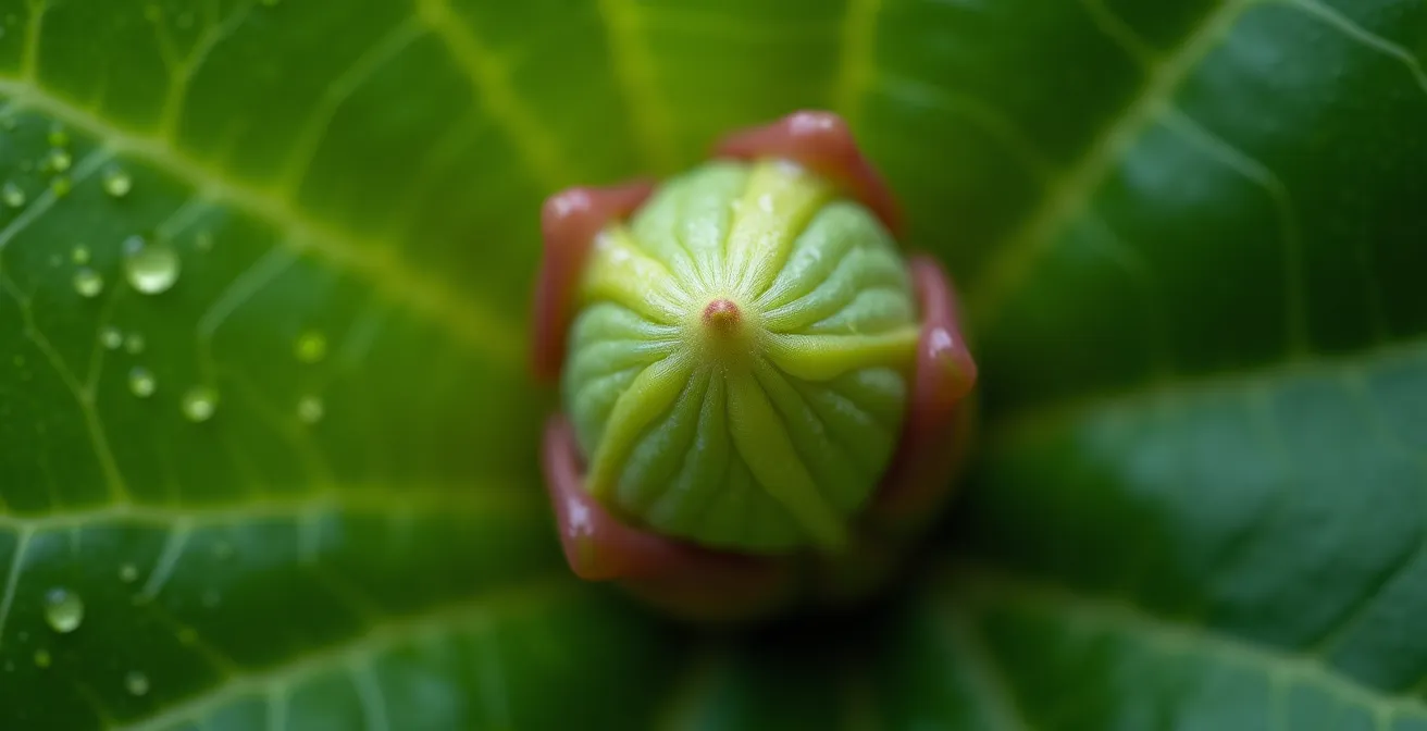 Extreme close-up of emerging fiddle leaf fig bud showing fresh green growth
