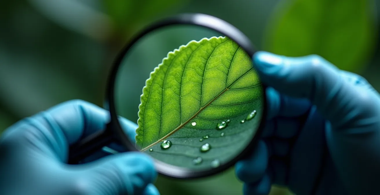 Extreme close-up of plant leaf surface showing pest inspection technique