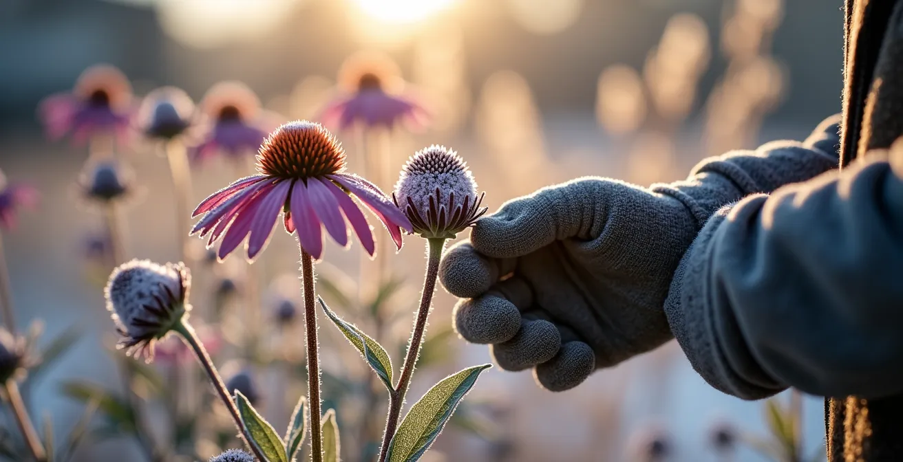 Frost-covered perennial seedheads and ornamental grasses creating textural winter interest
