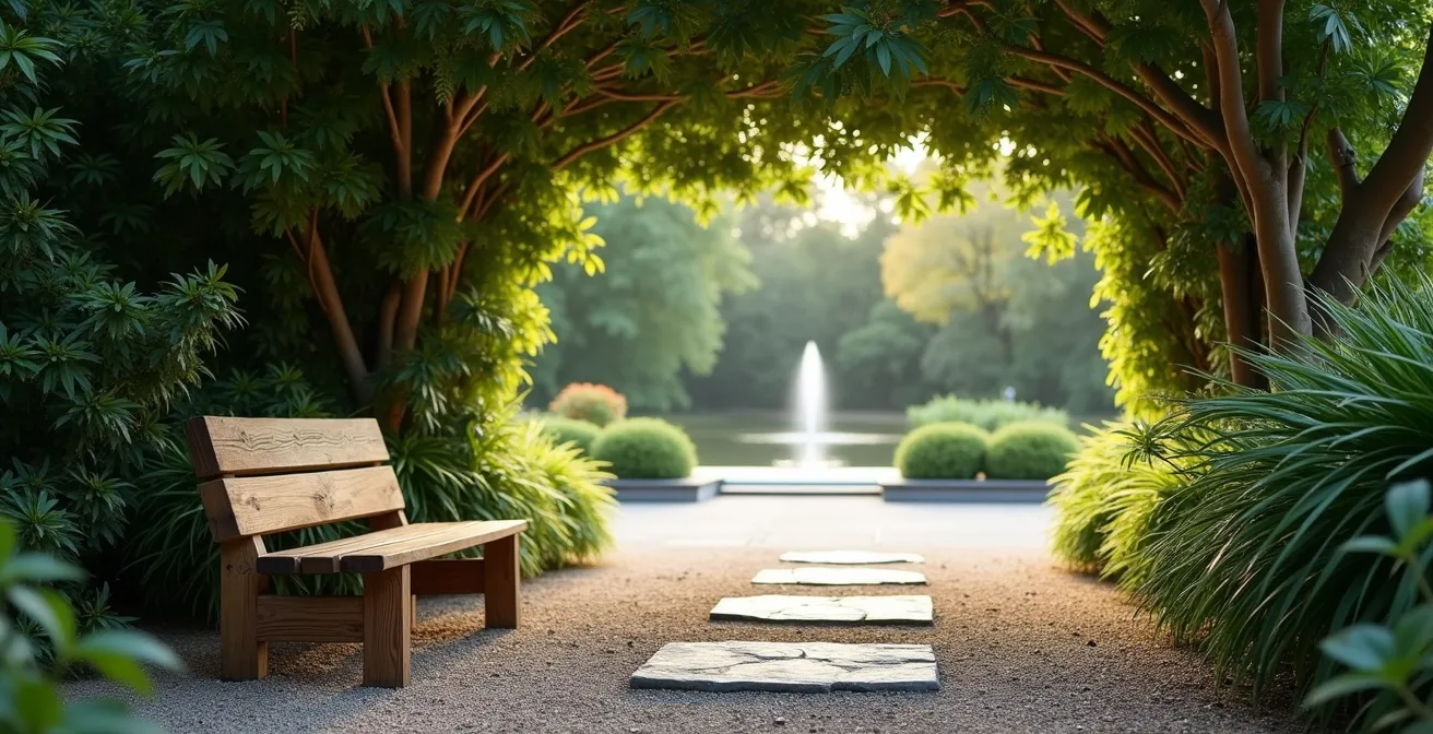 Garden path widening with wooden bench positioned to frame distant focal point view
