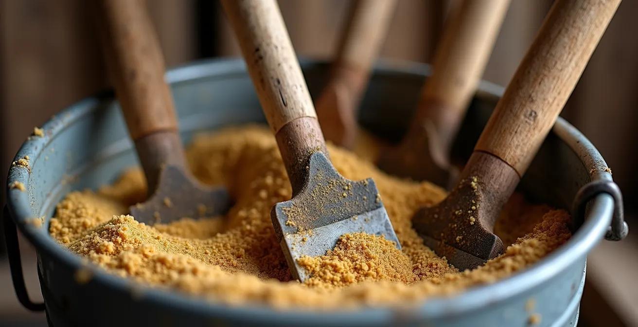 Close-up of garden tool handles in sand and oil maintenance bucket