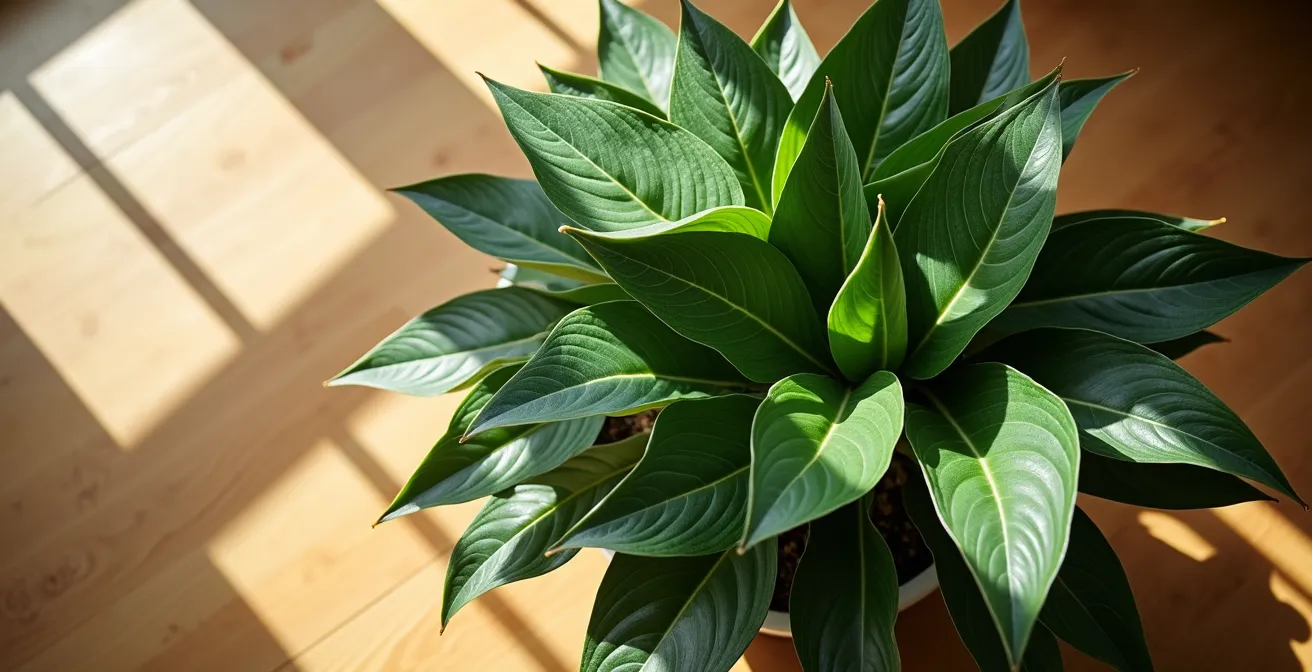 Aerial view of houseplants grouped together creating a lush indoor microclimate