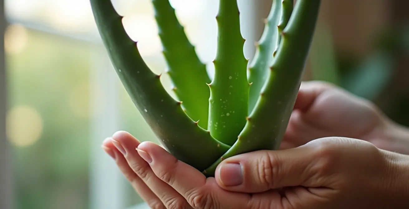 Hands demonstrating proper technique for harvesting outer aloe vera leaves
