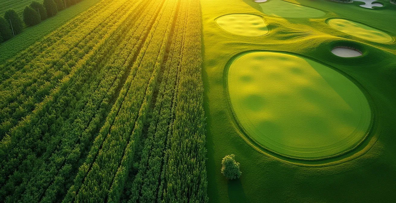 Aerial view contrasting a diverse, healthy eco-lawn with clover against a sterile, uniform monoculture lawn.