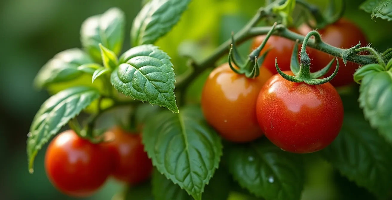Macro shot of fresh basil and cherry tomatoes growing in containers