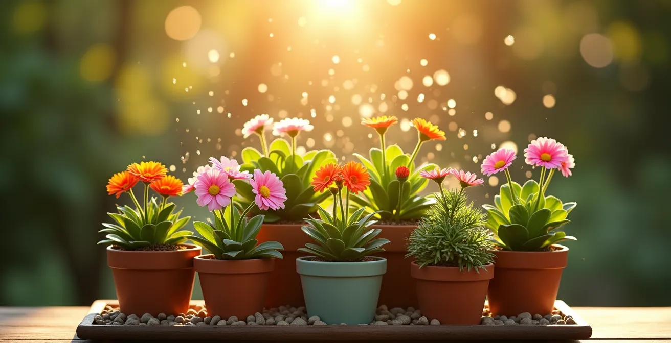 A group of various blooming potted plants arranged on a pebble tray, symbolizing a protective humid microclimate.