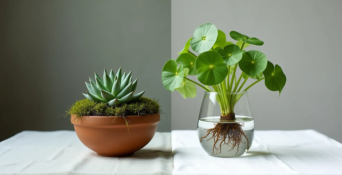 Side-by-side comparison of potted succulent in moss-wrapped pot versus hydroponic pothos in glass vessel