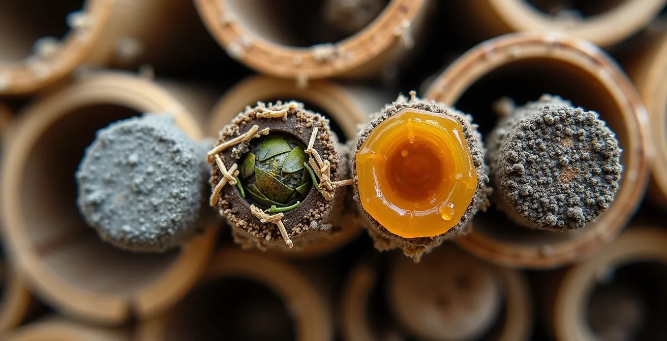 Close-up photograph showing different types of nest entrance plugs made by various insects in bamboo tubes