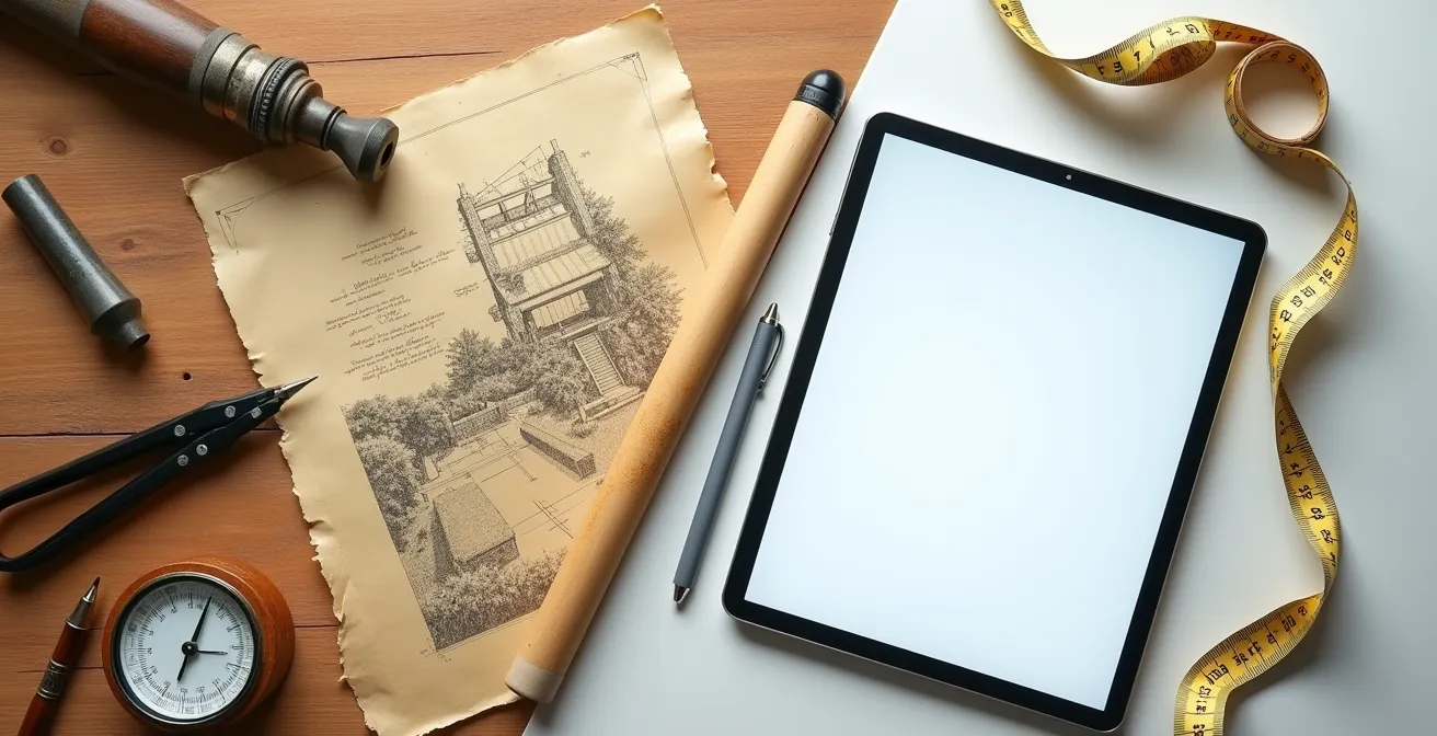 Split composition showing traditional paper sketching tools alongside a tablet with landscape design app