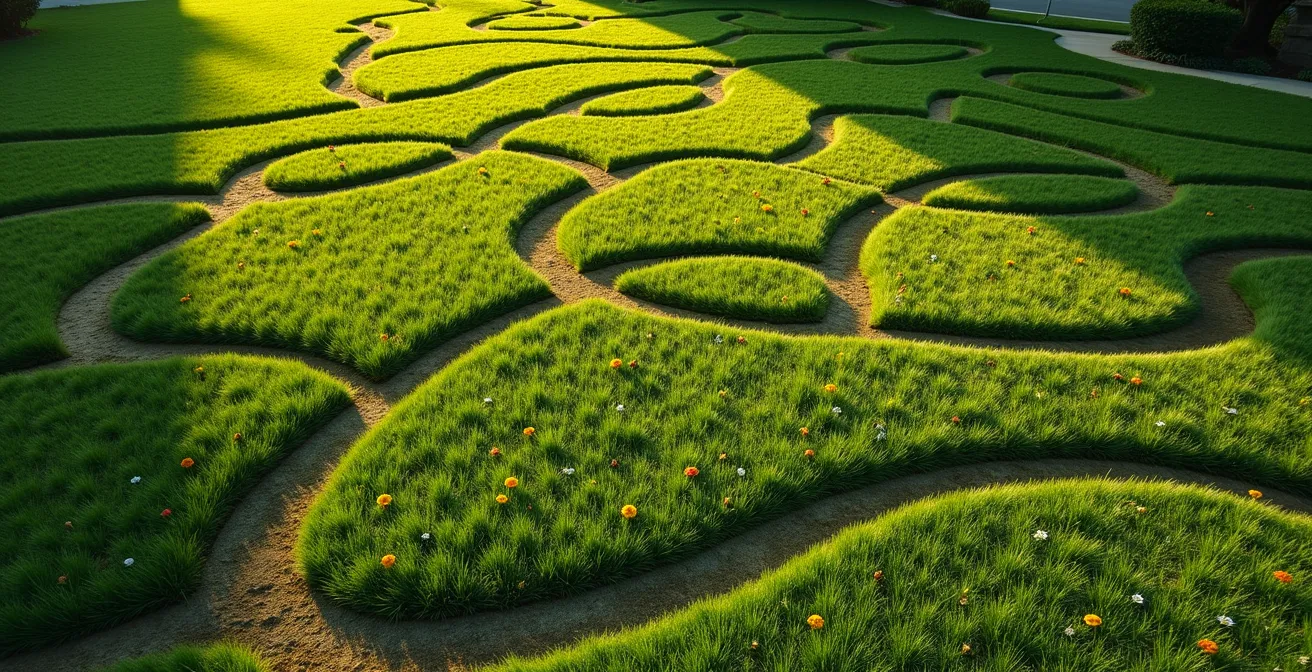 Aerial view of lawn with serpentine mowing patterns creating pollinator habitat