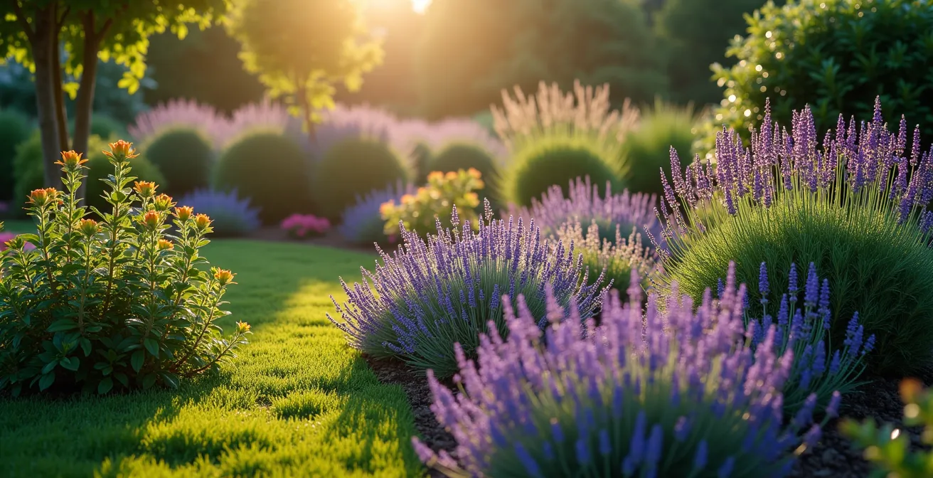 Three-layer coastal garden showing deer-resistant salt-tolerant plantings