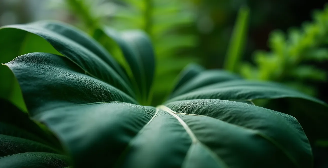 Macro shot of contrasting plant textures from velvety Calathea to waxy ZZ plant leaves