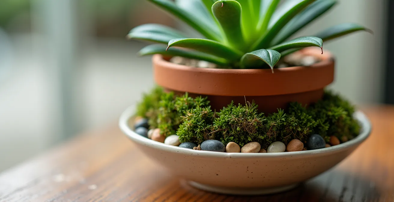 Close-up of double-potting technique showing nursery pot inside decorative cachepot with moss layer