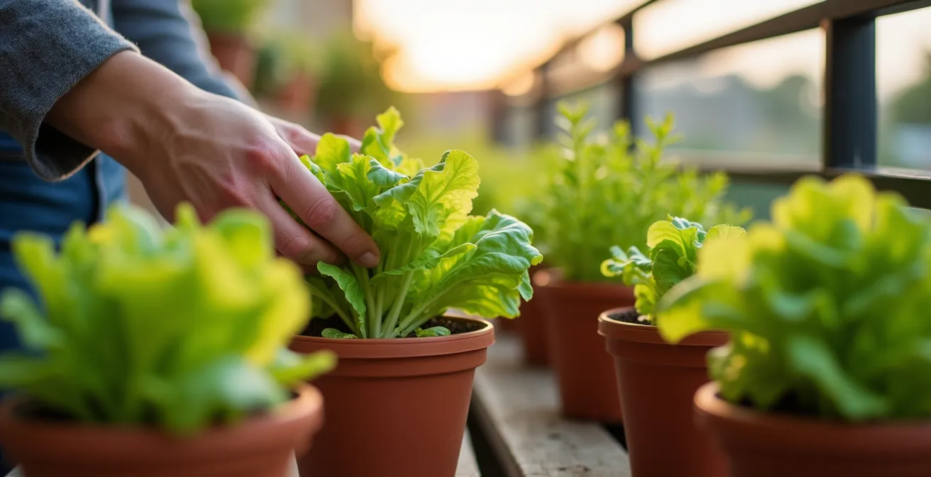 Three containers showing lettuce at different growth stages on a sunny balcony