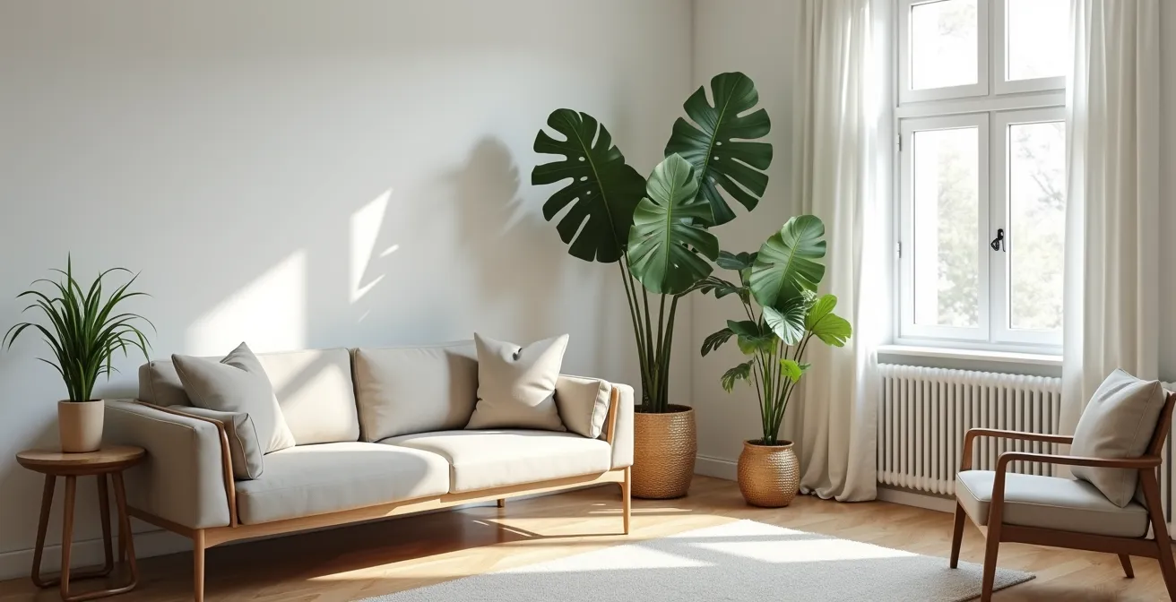 Aerial view of living room showing balanced plant placement with visual triangle