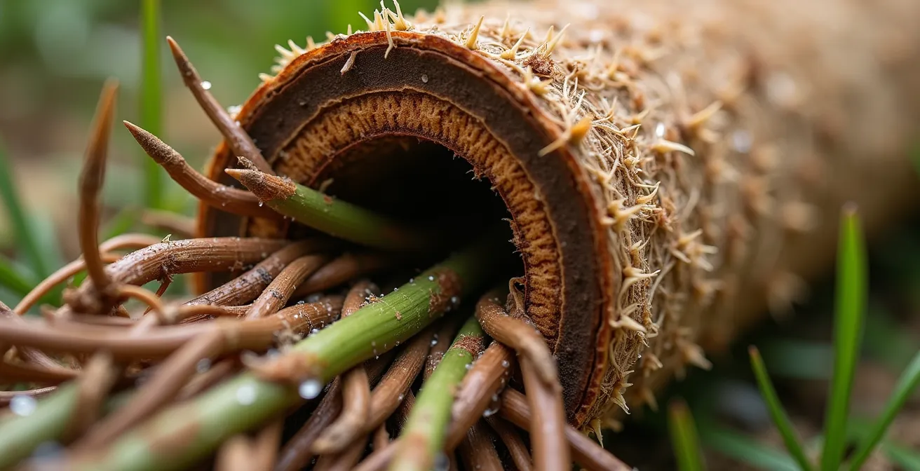 Cross-section view of coir logs integrated with native plant live stakes creating a bio-structural system