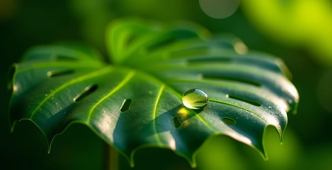 Extreme close-up of pristine glossy monstera leaf surface showing natural texture and water droplets