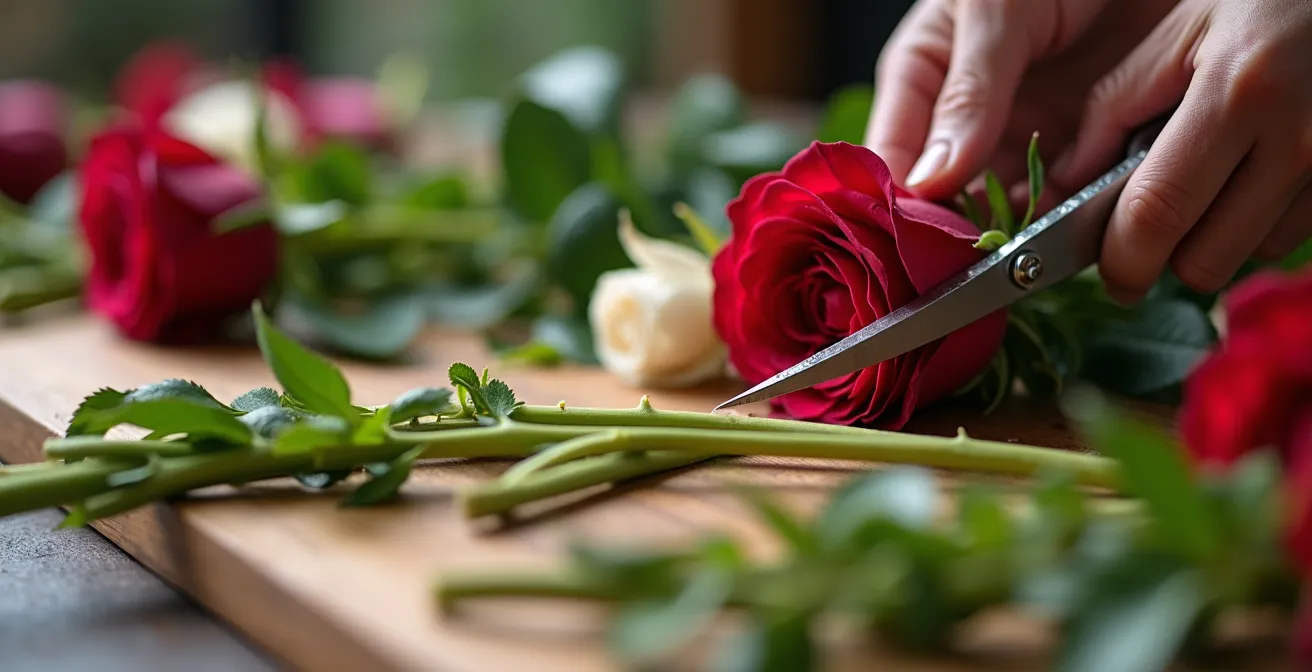 Close-up of hands cutting flower stems at 45-degree angle with professional shears