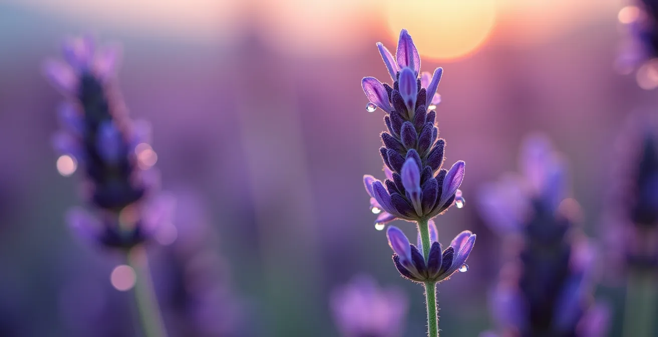 Extreme close-up of lavender flower showing oil glands and morning dew drops