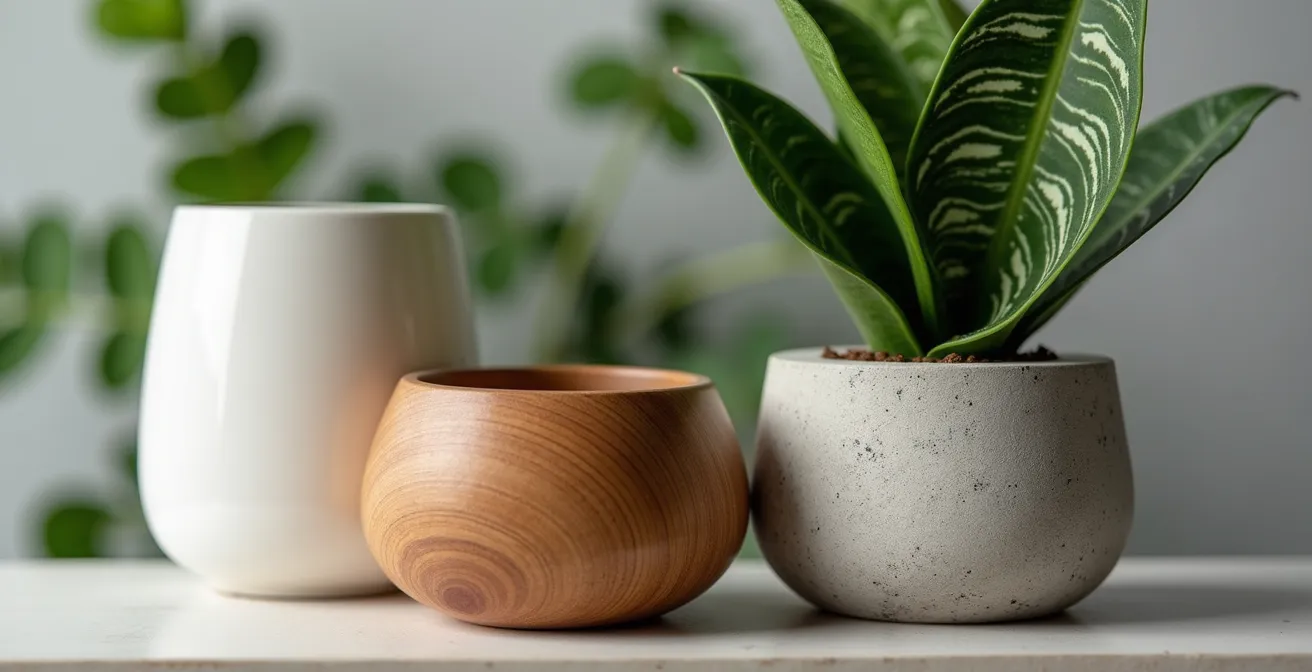 Close-up of ceramic and wood planters with snake plant showing material textures