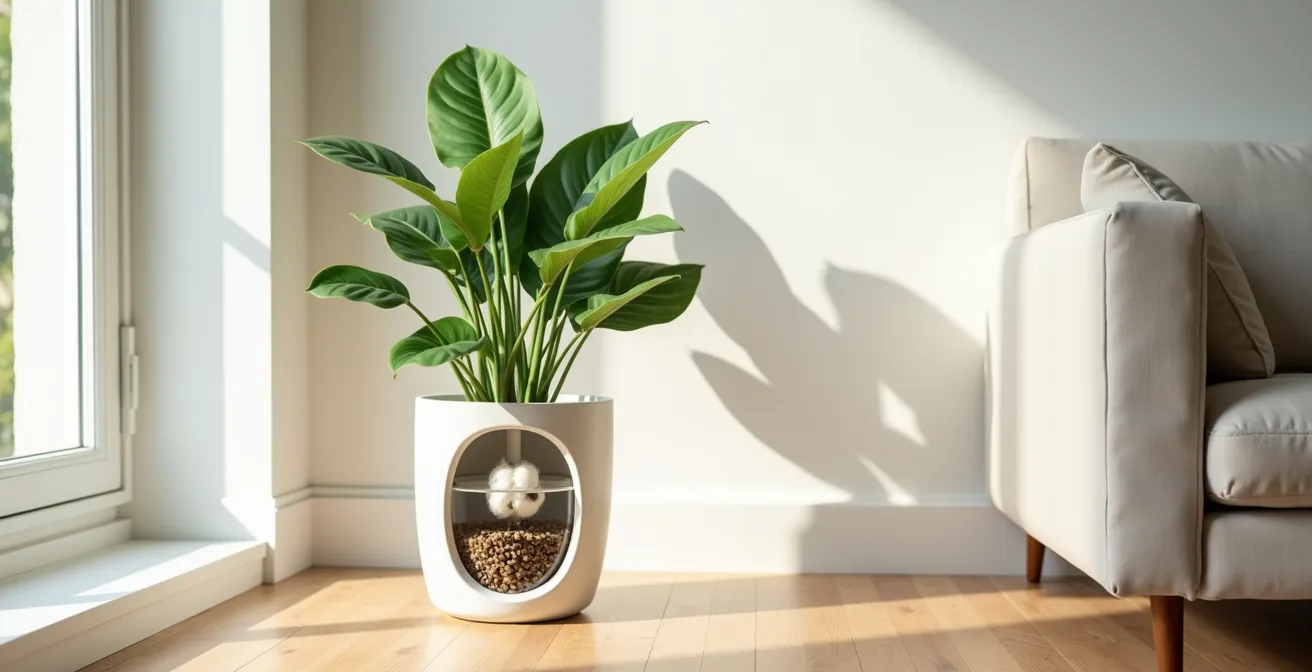 Clean minimalist setup showing elegant potted plant with subtle hidden water reservoir beneath