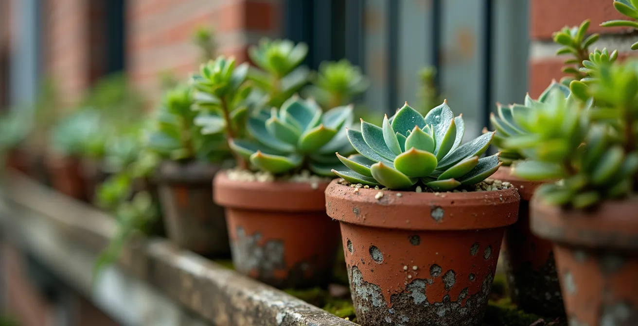 Weathered urban balcony featuring lightweight modular container gardens with varied heights and plant species