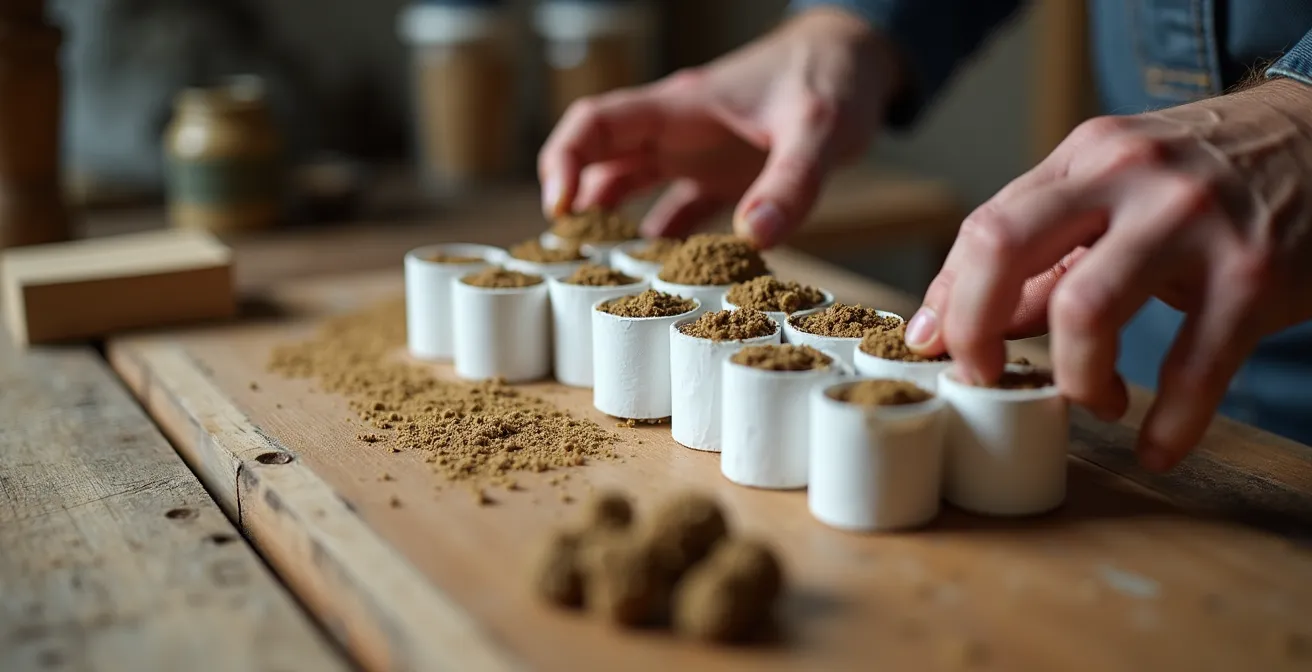Macro photograph showing hands removing and replacing paper tube liners from wooden insect hotel blocks