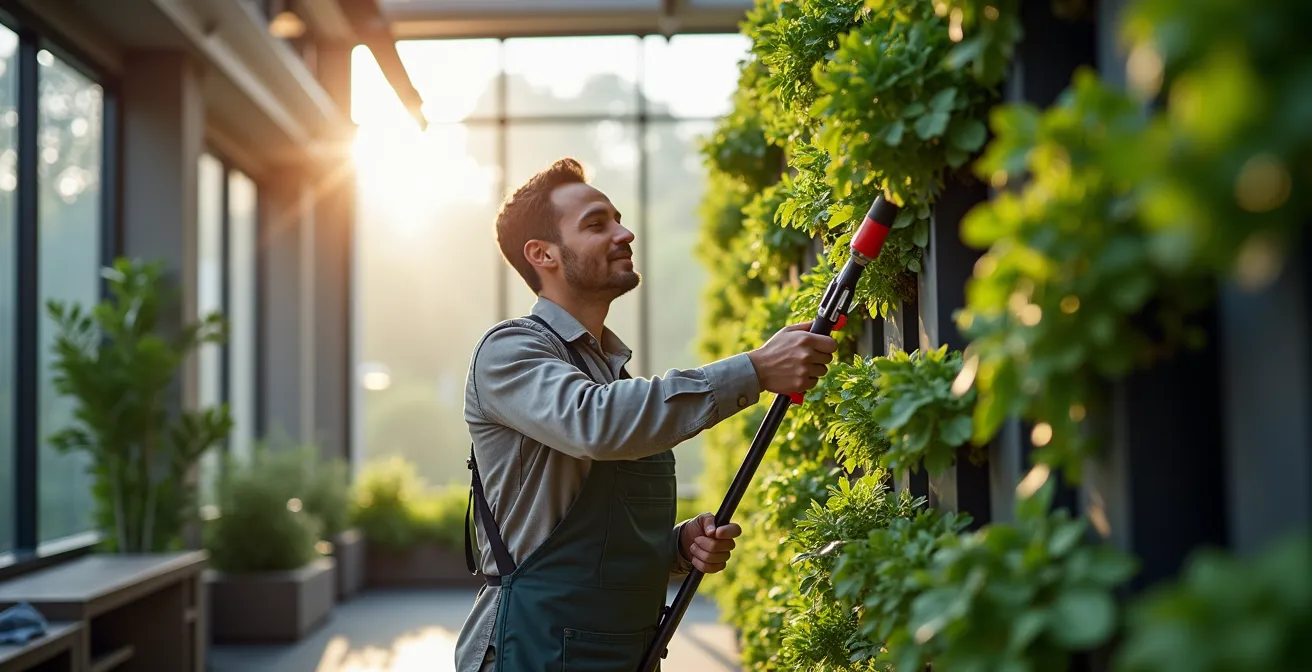 Person maintaining a tall modular living wall system using telescopic tools