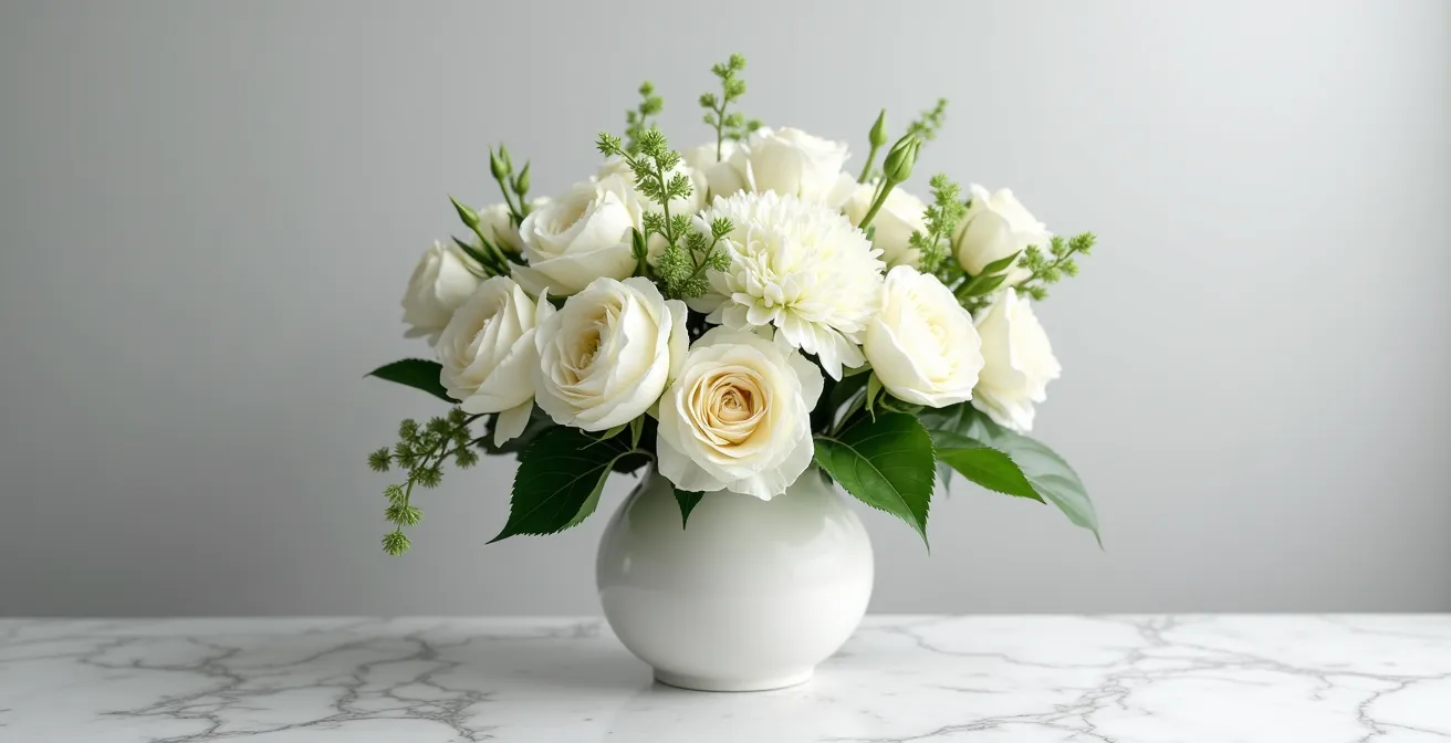 Sophisticated all-white floral arrangement showcasing texture variety in cream, ivory and green tones