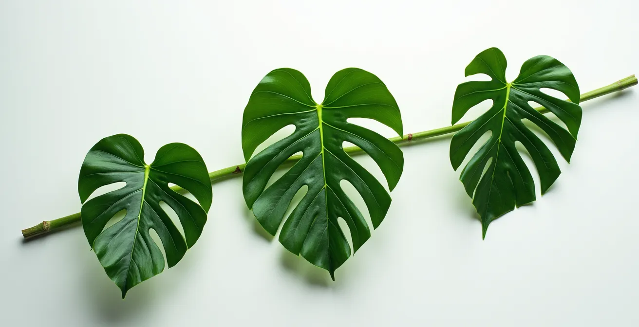 Close-up comparison of Monstera leaves showing fenestration development stages
