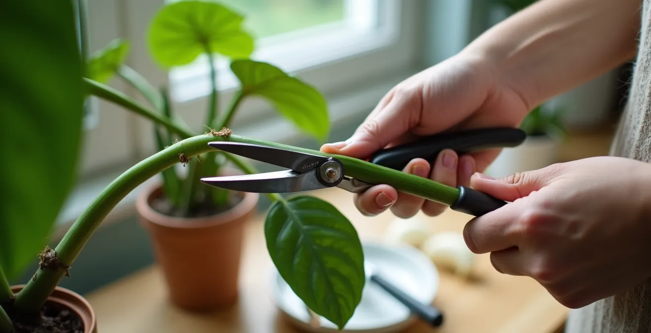 Hands demonstrating proper cutting technique above Monstera node