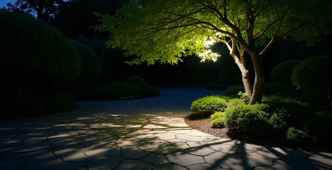 Downward lighting through tree branches creating dappled shadows on garden path
